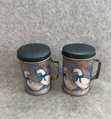 Vintage 80er blau weiß Gans Salz & Pfefferstreuer Kanister Dose Winter Gänse