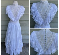 Vtg Jessica McClintock Gunne Sax White Lace Dress Hat Boho Wedding Prairie M 7/8
