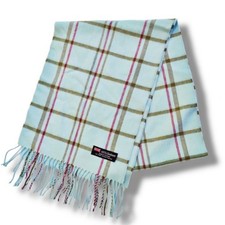 100 Cashmere Scarf Made in Scotland Light Blue Plaid Tartan Fringe 65" x 12