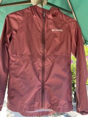 Columbia Youth Hooded Windbreaker Jacket Full Zip Burgundy Medium, Nylon