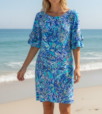 Lilly Pulitzer Women XXS Floral Dress Stretch Blue Green Resort Vacation Beach