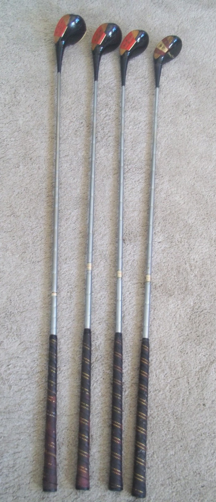 Set of 4 H&B Powerbilt 1,3,4&5 Persimmon Woods-ORIGINAL LEATHER GRIPS-SHAFTS etc