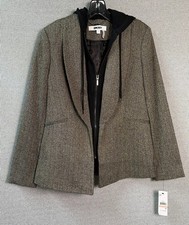 DKNY Herringbone Hooded Blazer Jacket Women's Size 2 Gray Black Zip Bib NWT