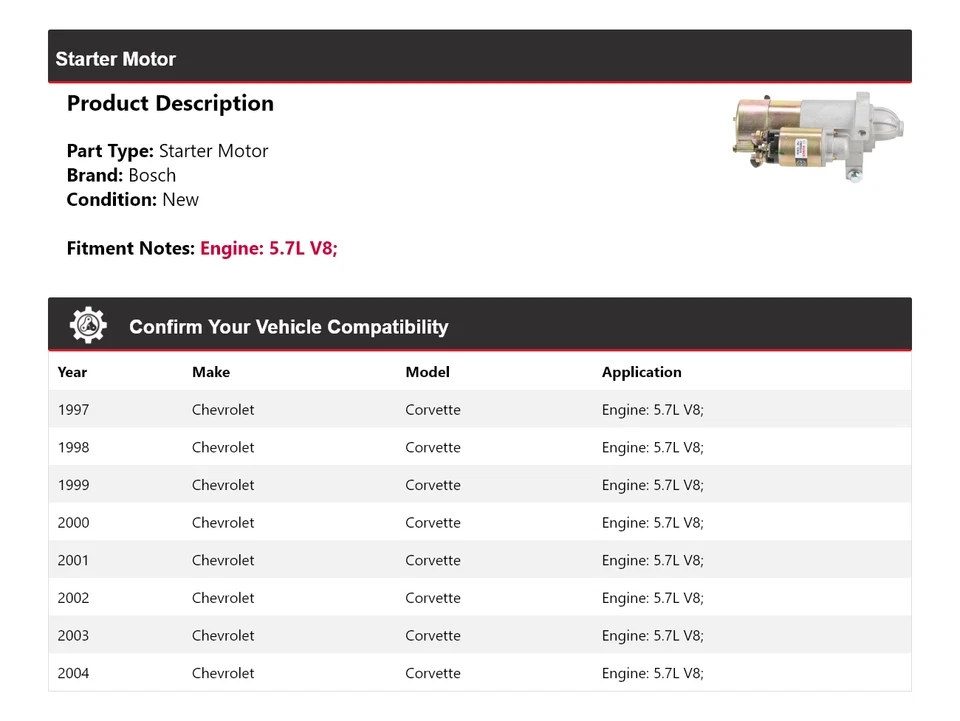 For 1997-2004 Chevrolet Corvette 5.7L V8 Bosch Starter (New) 1998 1999 2000 2001 - Image 2 of 4