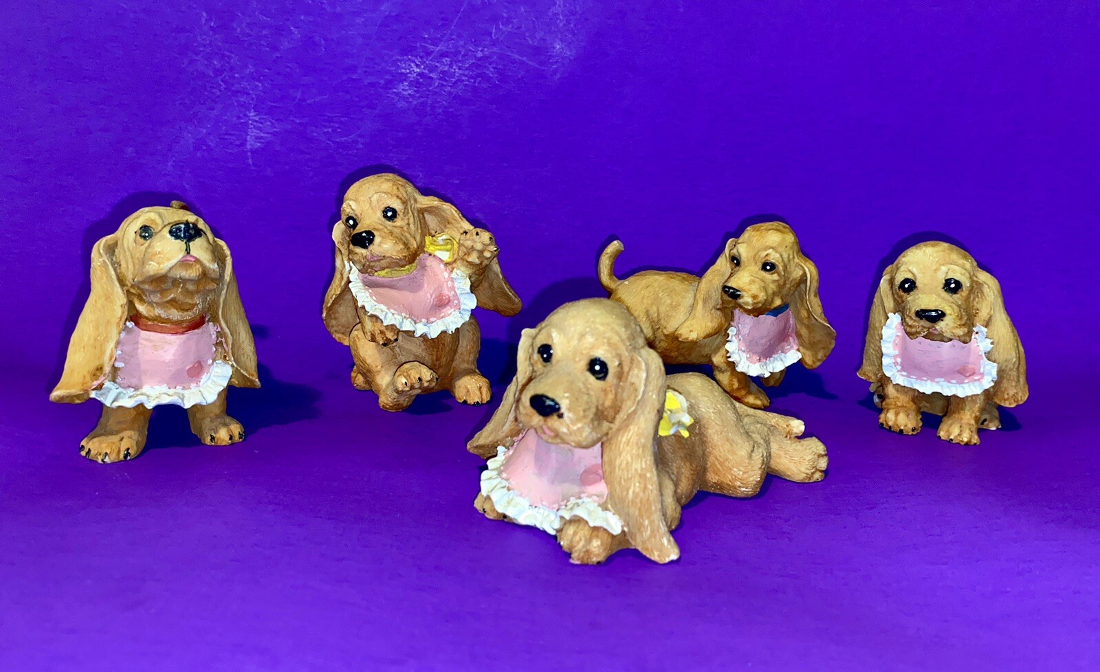 Cocker Spaniel Blond Puppy Dog Set Of 5 With Colored Ribbons And Bibs.