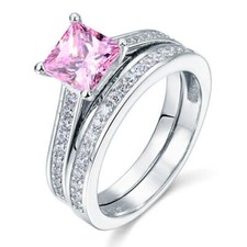 2.1Ct Pink Princess Cut CZ Wedding Bridal Ring Sets In Solid 925 Sterling Silver