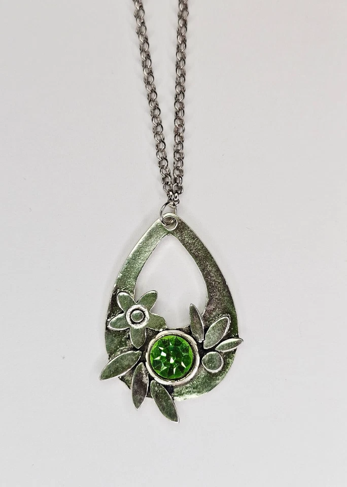 Collar Vintage Cristal Uranio y Plata Floral Abstracto Colgante Lágrima UV Foto 3 de 4