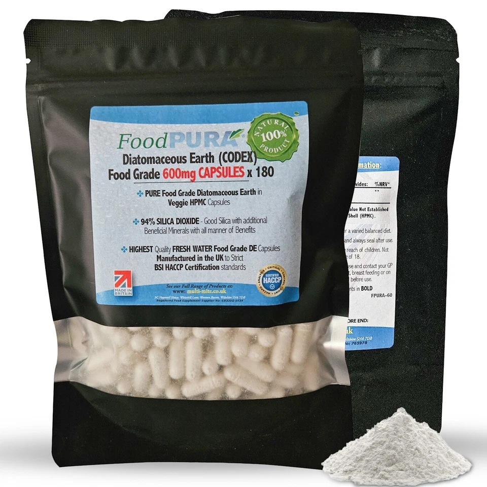 FOOD PURA 180 x 600mg CLEAN Food Grade Diatomaceous Earth Capsules Human DE Supplement
