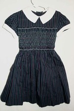 Approx Girls Sz 4-5 Vtg 50s Blue Stripe Smocked Dress Full Skirt Crisp Cotton