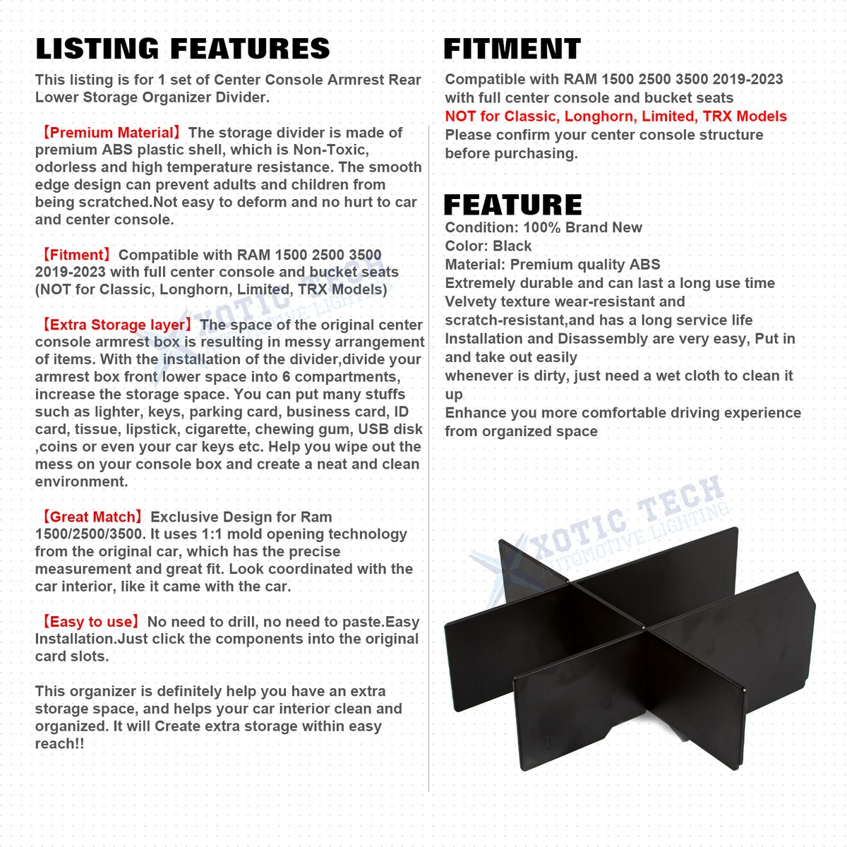 For Dodge RAM 1500/2500/3500 2019-23 Rear Lower Center Console