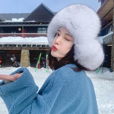 Womens Real Fox Fur Hat Russian Ushanka Hat Aviator Trapper Hat Earlaps Warm Cap