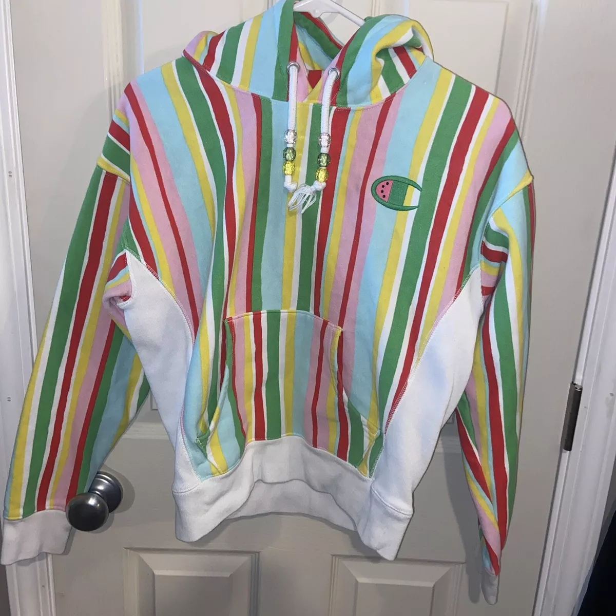 Champion Susan Alexandra Women Watermelon Stripe Reverse Weave Hoodie Size Small