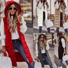 Lange Wärmejacke Damen Weste Kapuze Übergang Steppweste Bodywarmer Ärmellos Coat