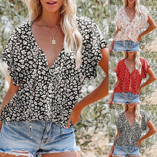 Women's Boho Tops Floral V Neck Short Sleeve Summer Blouse Shirts | eBay