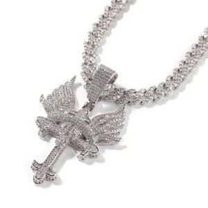 Authentic 14K Gold Plated Iced CZ Pendant Angel Wings Jewelry Rope Chain for Mens