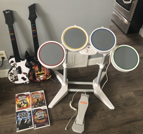 Wii Rock Band DRUM SET/PEDAL + 1 Game, 2 Guitar Hero GUITARS + 3 Games -Untested - Picture 1 of 7