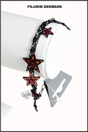 NEW PILGRIM BRACELET ENAMEL STARS BLACK CHAIN RED SWAROVSKI CRYSTALS HANDMADE - Picture 2 of 2