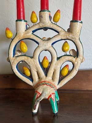 Mexico vintage 陶器製装飾オブジェ Vintage Mexican Folk Art Pottery Bull Tree of Life Candle Holder