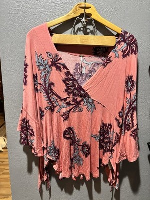 Free People Maui Wowie pink purple paisley Print Side Ties Boho Top Size XS