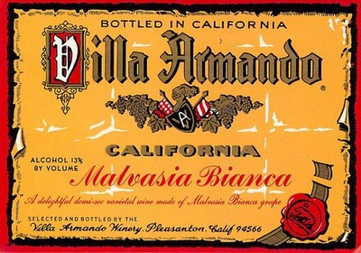 Villa Armando Winery Malvasia Bianca Pleasanton CA 1970s 1980s Vtg Wine Label