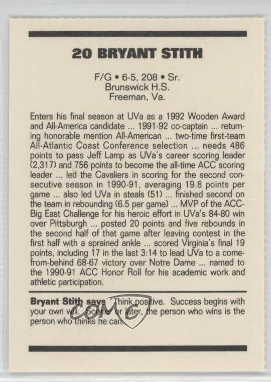 1991-92 Virginia Cavaliers Team Issue Bryant Stith - Image 2 of 2
