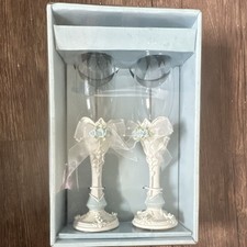 Wedding Champagne Flutes Set of 2 Decorated with White Bow Floral Clear White