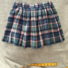 Girls Plaid Pleated Pull-On Skirt Elastic Waist Blue Green Pink Cotton 7-8Y
