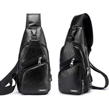 Black Chest Crossbody Bag Sling Backpack for Men with USB Charge Port