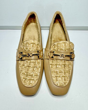 Beige Tweed Loafers Women's Size 6 Gold Horsebit Block Heel Office Preppy Classy
