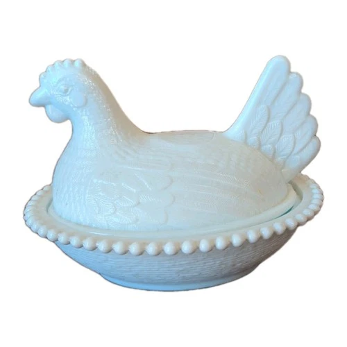 Vintage Milk Glass Hen on A Nest Covered Candy Dish Trinket Farmhouse Hobnail