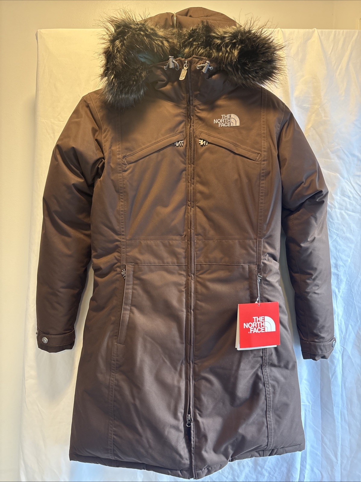 The Northface Down Parka Coat  Jacket Womens Extra Small Size Brown Fur Hood NWT