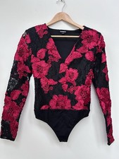 Express Black Red Floral Lace Bodysuit Top Gothcore Wench Xs