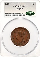 1856  1C Upright 5 Liberty Head Large Cent CAC AU55BN