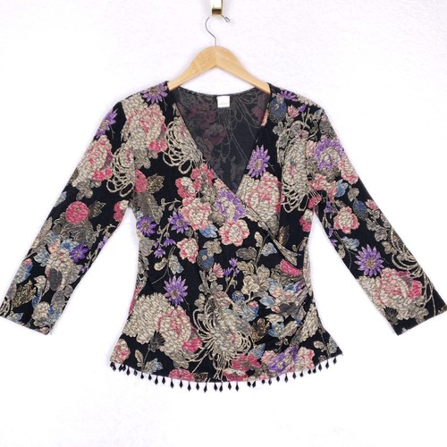 MSK Wrap Blouse Medium Black Oriental Floral Tapestry Y2K Maximalist Glam Boho - 第 1/9 張圖片