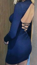 NEW Womens Mini Dress Open Back Navy Blue Long Sleeve High Neck Size Large (L) 