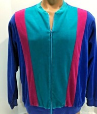 vintage JANTZEN Sz 2X Jacket Blue Turquoise PINK/Red USA Velour Track Full Zip
