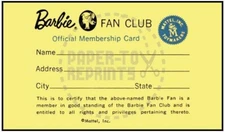 FIRST BARBIE FAN CLUB MEMBERSHIP CARD - VINTAGE REPRINT