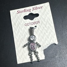 Sterling Silver Birthstone Boy Charm Pink October Glass Pink Rhinestone
