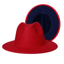 Womens Mens Two Tone Red Bottom Wide Brim Fedora Wool Felt Hat Jazz Panama Cap