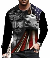 T Shirt Men's Long Sleeve Christian Cross USA American Flag Black Silky Soft Tee