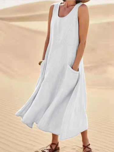 Women's Cotton Linen Maxi Dress Ladies Solid Pockets Sleeveless Summer Sundress - Picture 12 of 34