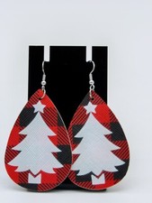 Red Plaid Leather Dangle Earrings - White Christmas Tree Design