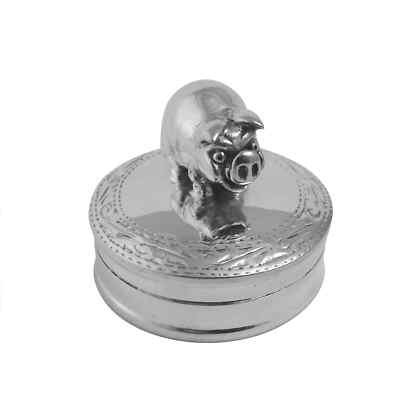 Schwein auf runder Pillendose 925 Sterling Silber englische Punzen