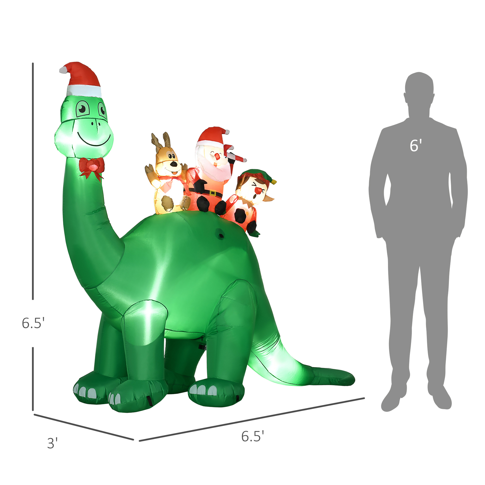 6.6' Inflatable Christmas Dinosaur Carrying Santa Claus, Elf, and