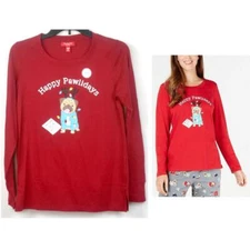 Family PJs Womens Happy Pawlidays Pajama Top Size M Dog Red Gray New