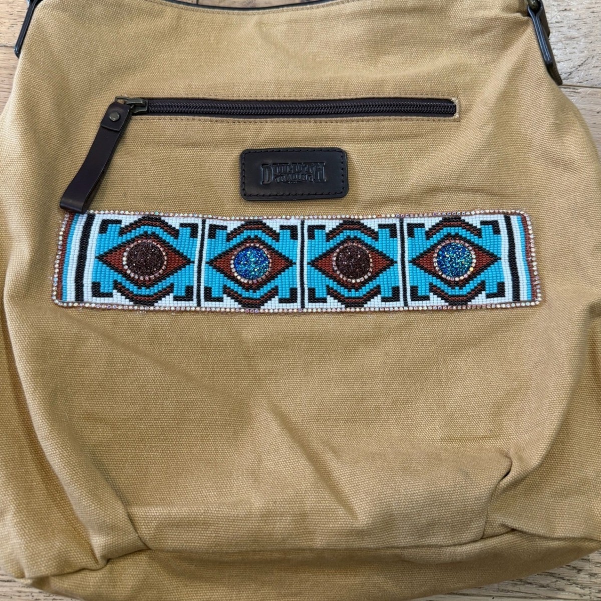 Duluth Trading Co Tan Canvas Beaded Southwestern Hobo Shoulder Bag Tan Boho View 2
