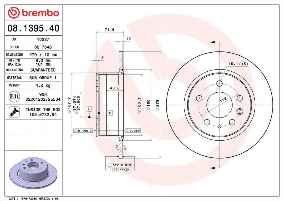 Rotor de freno de disco compatible con Mercedes-Benz 560SEC 1984-1991, 560SEL 420SEL 560SL BREMBO Foto 2 de 4