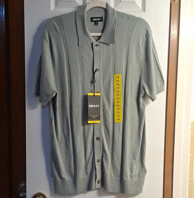 DKNY Green Solid Cotton Knit Short Sleeve Button-Up Shirt Men's Size M
