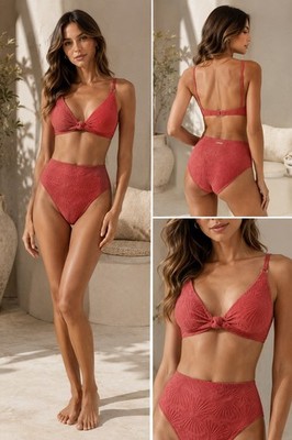 BERLOOK Textured Coral High Waisted Bikini Set Women s M NWT