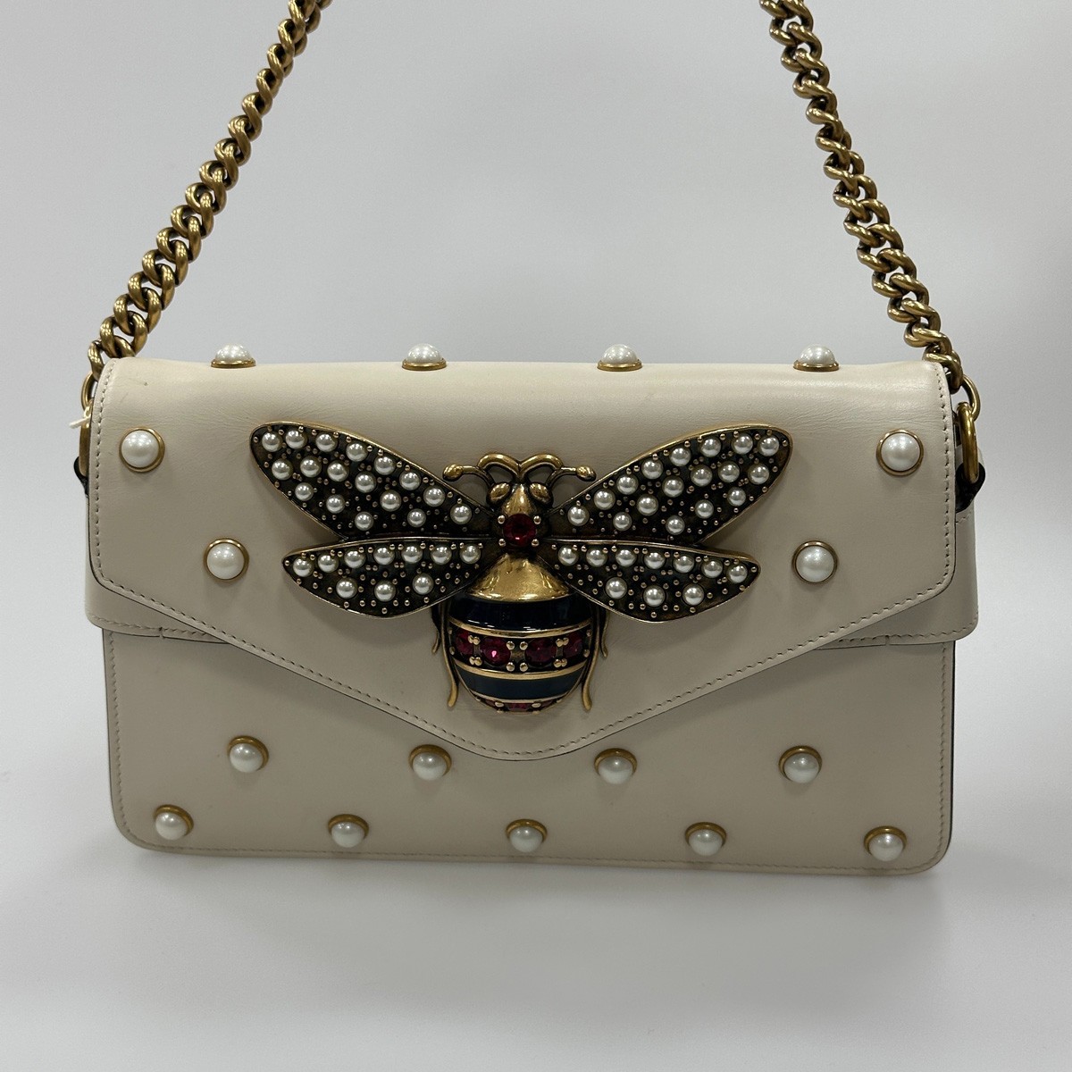 Gucci Queen Margaret Pearl Bee Small White Leather Shoulder Bag Color Strap